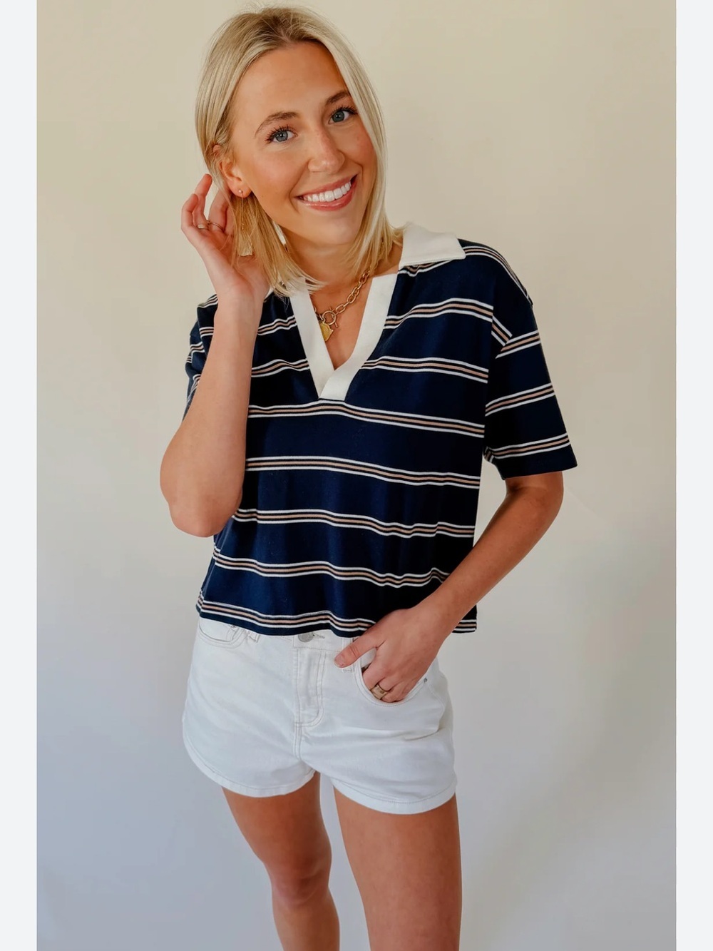 Z Supply Archer Classic Navy Striped Polo Tee with Contrast Collar Women’s Small